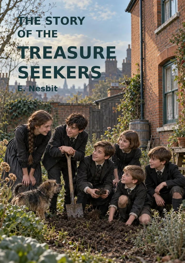 The Story of the Treasure Seekers by E. Nesbit, showing six Bastable siblings and their terrier gathered in a Victorian back garden.