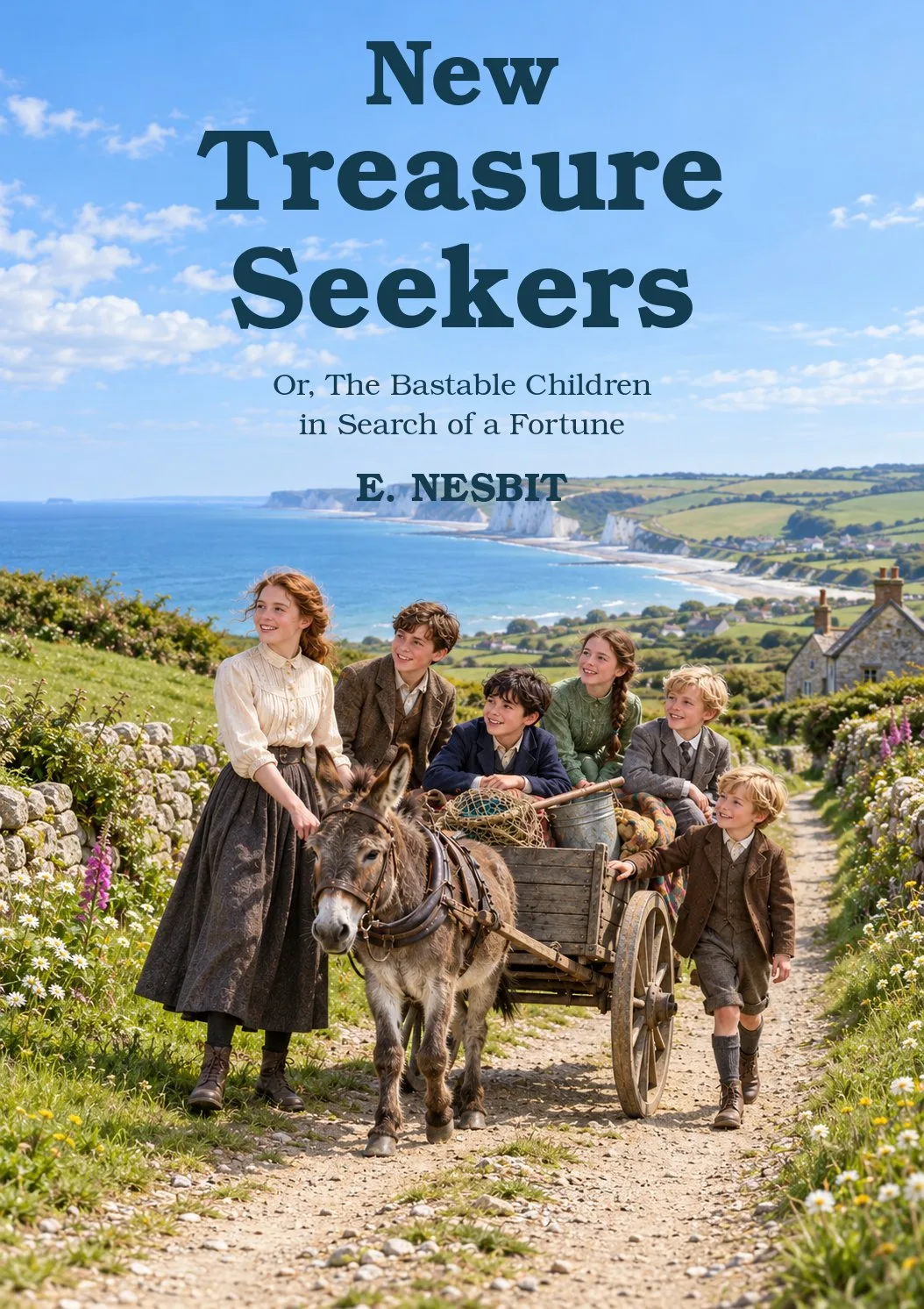 New Treasure Seekers by E. Nesbit: the six Bastable siblings beside a donkey cart on an English coastal lane.