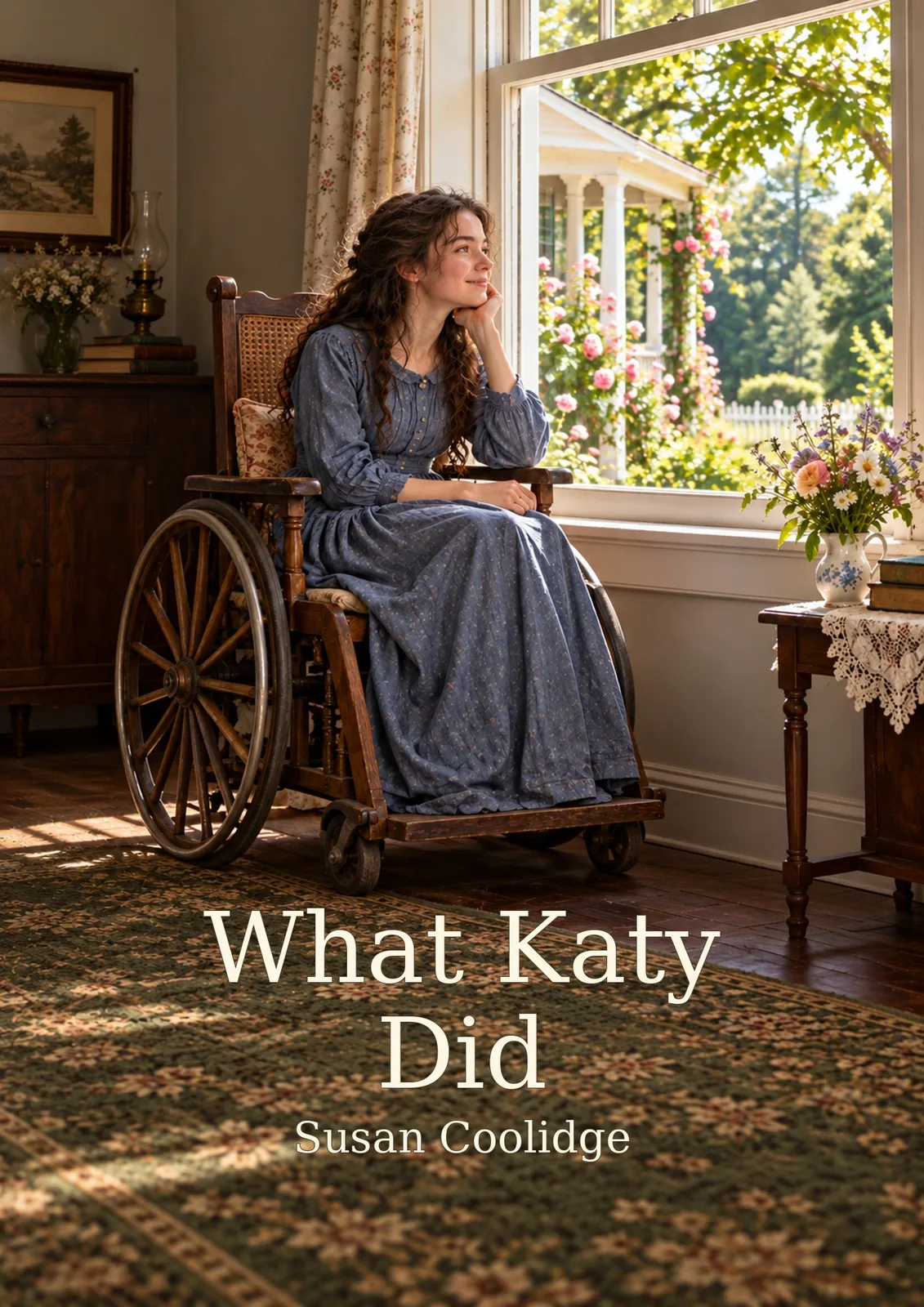 Illustrated cover of What Katy Did by Susan Coolidge, showing Katy in a blue dress seated beside an open window overlooking a green garden.