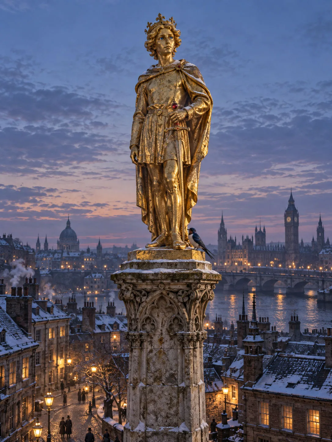 A gilded prince statue and a small swallow above a city at winter dusk