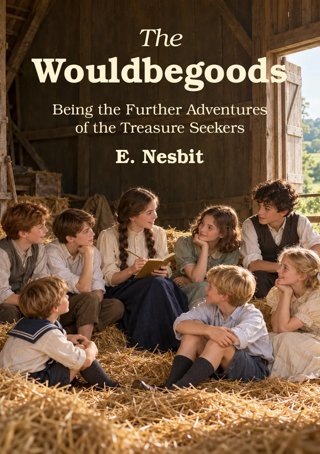 The Wouldbegoods by E. Nesbit, showing eight children planning their secret society in a sunlit country barn.