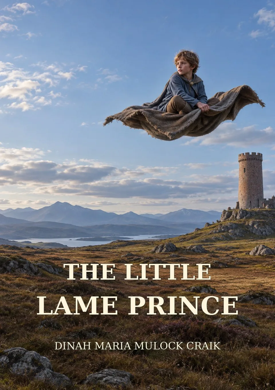 Cover of The Little Lame Prince showing Prince Dolor seated on a flying cloak above an open plain near a solitary round tower.