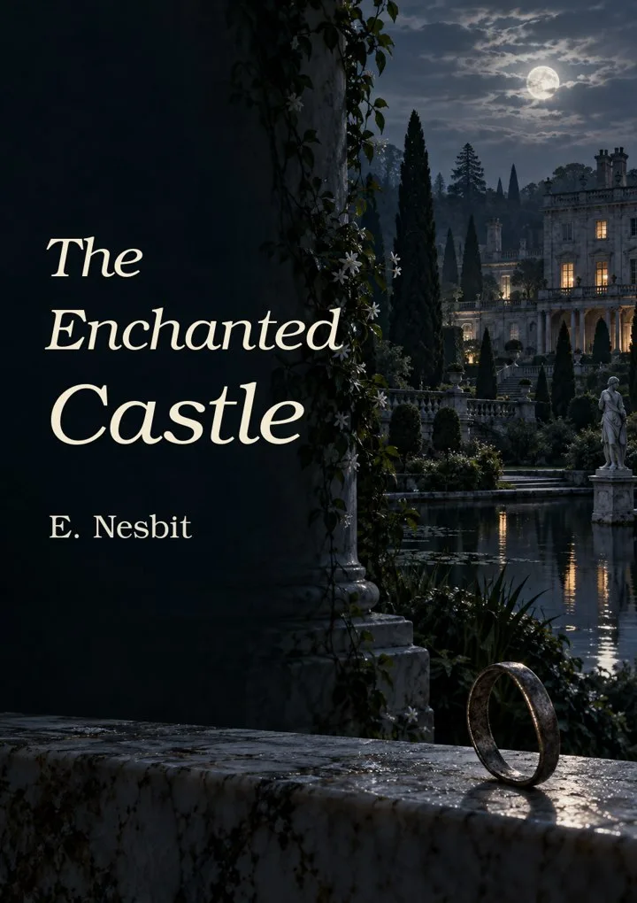 The Enchanted Castle by E. Nesbit, with a ring on a marble ledge overlooking a moonlit garden and country house.