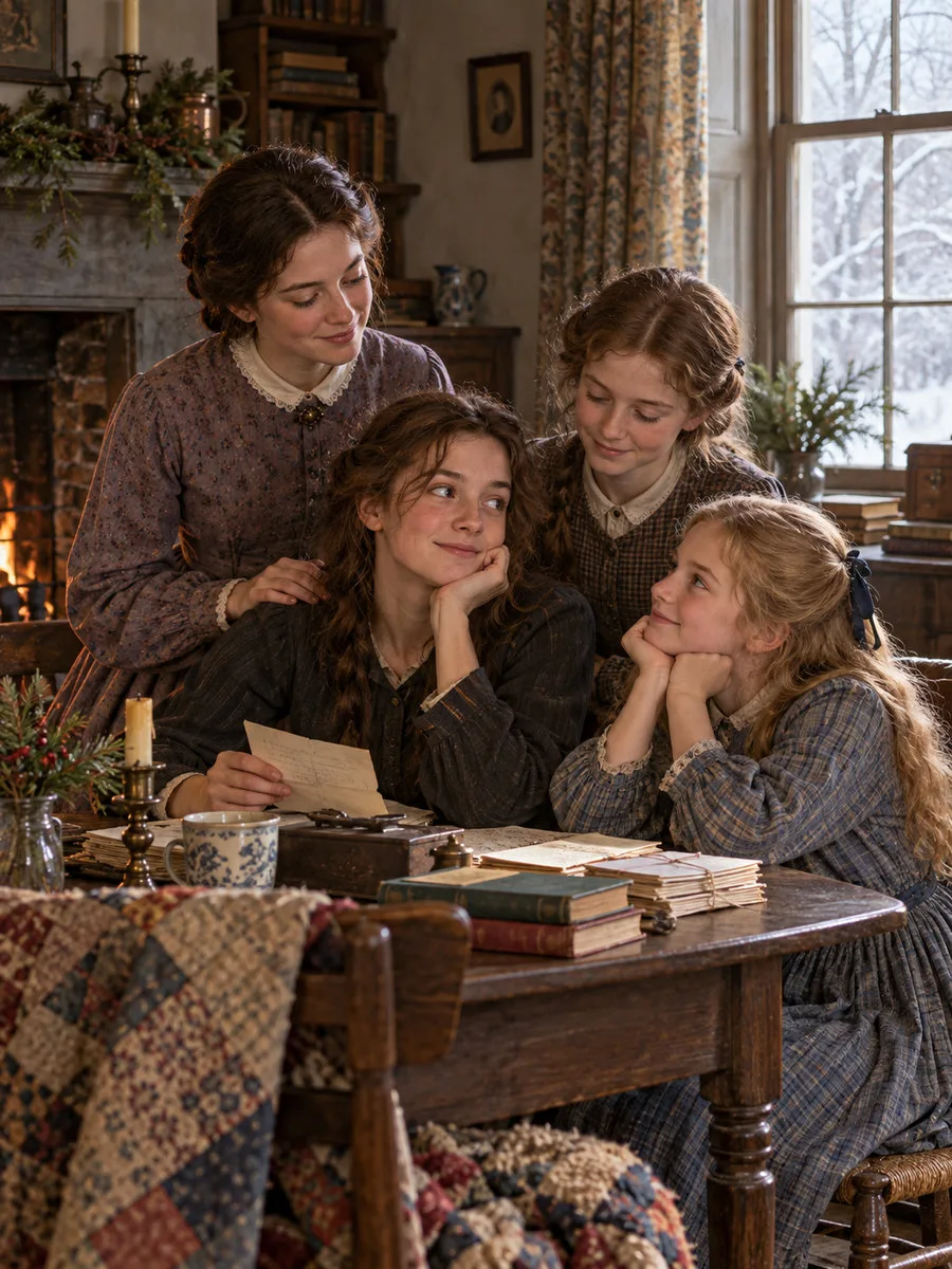 Meg, Jo, Beth, and Amy March gathered around a table in their family home