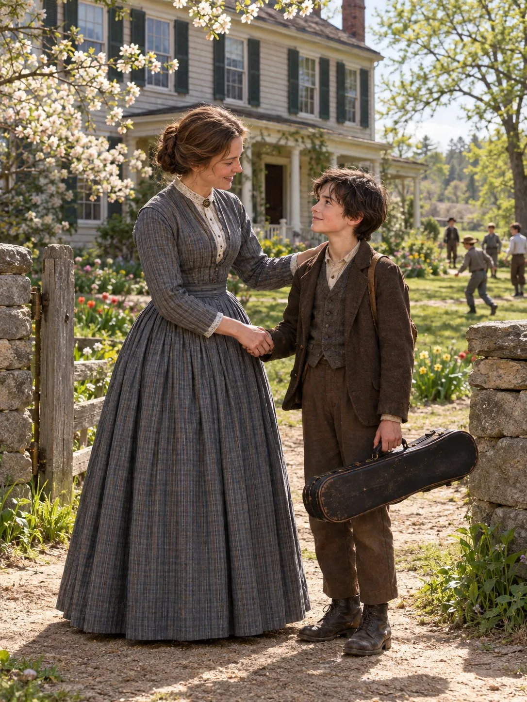 Jo Bhaer welcomes Nat Blake outside the Plumfield house in spring.