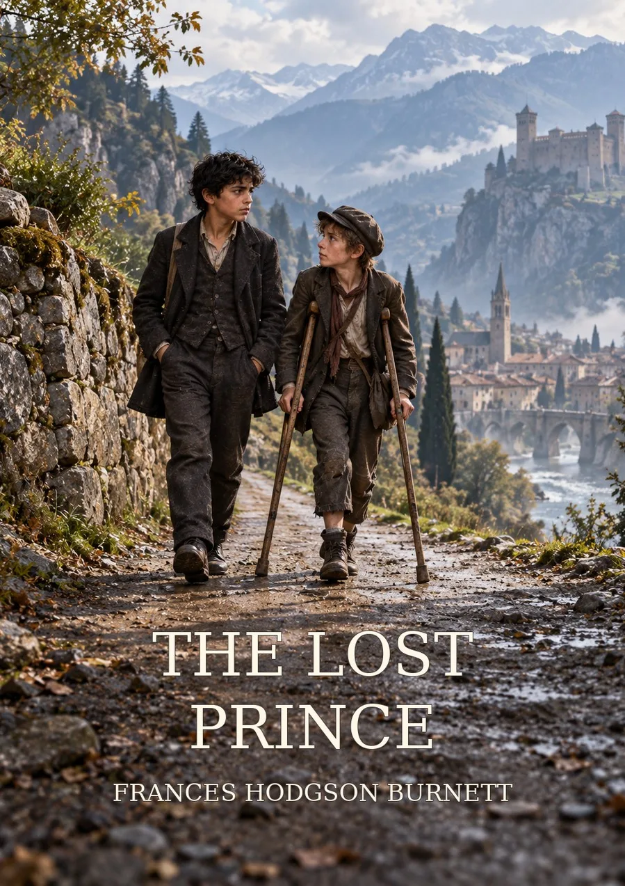 Cover of The Lost Prince by Frances Hodgson Burnett, showing Marco and The Rat travelling toward an Alpine town, with The Rat using crutches.
