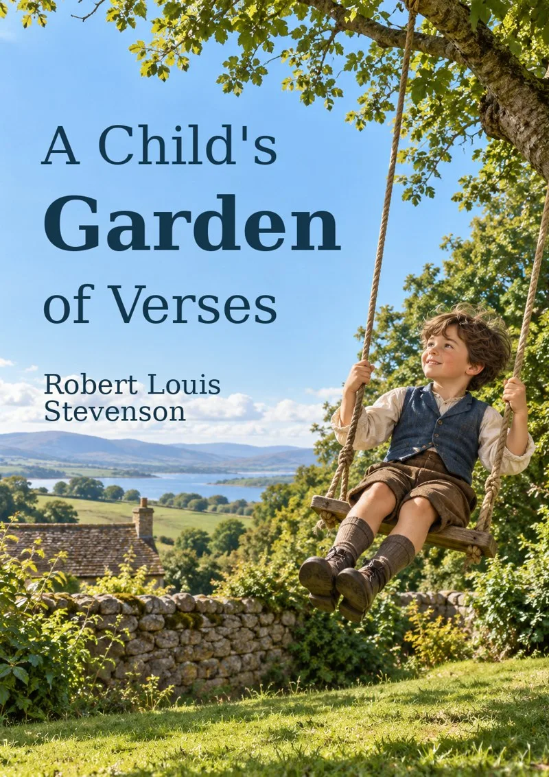 A Child's Garden of Verses by Robert Louis Stevenson: a boy on a wooden swing looks across a summer garden toward the countryside.