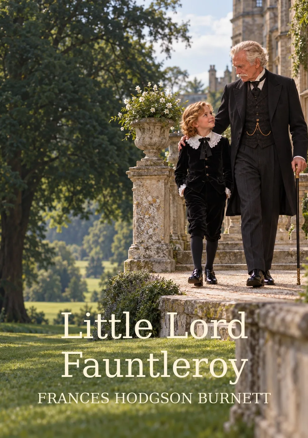 Little Lord Fauntleroy cover showing Cedric and the Earl together on an English castle terrace, with the book title and Frances Hodgson Burnett's name.