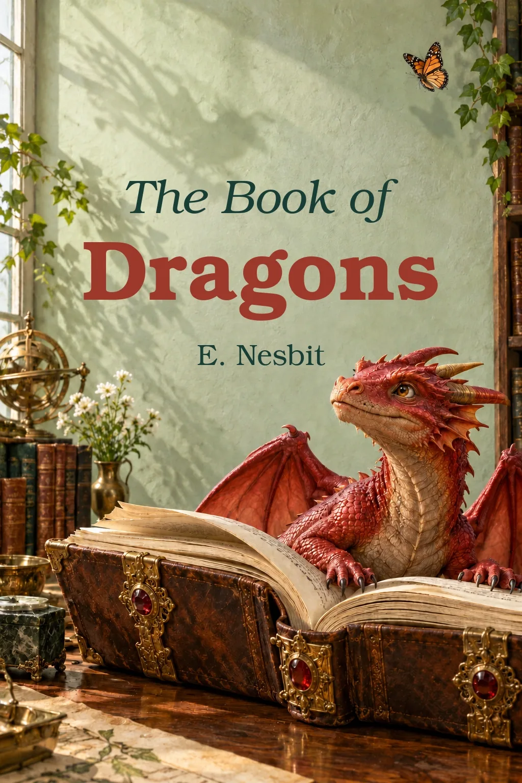 The Book of Dragons by E. Nesbit, with a red dragon emerging from an antique book beneath green and red lettering.