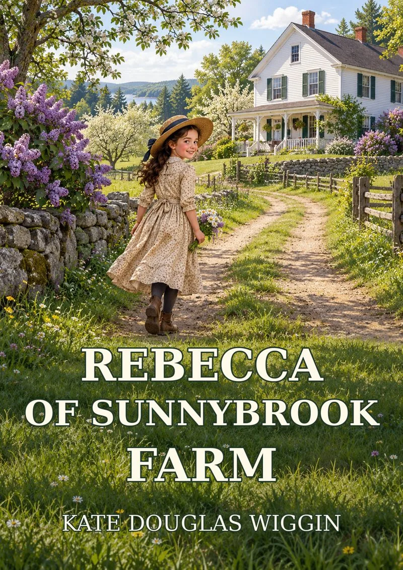 Illustrated cover of Rebecca of Sunnybrook Farm showing Rebecca on a sunlit path toward a white Maine farmhouse, with the title and Kate Douglas Wiggin’s name below.