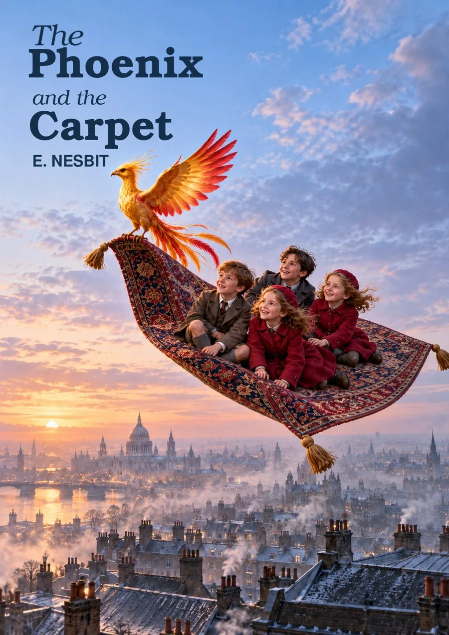 Cover of The Phoenix and the Carpet by E. Nesbit, showing a golden phoenix and four children riding a Persian carpet above London.
