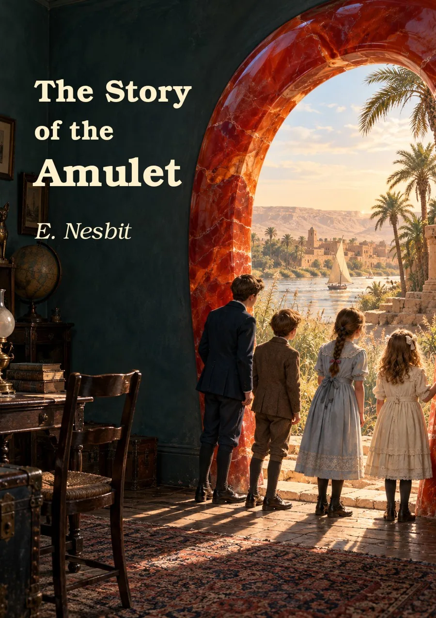The Story of the Amulet by E. Nesbit, with four children looking through a red stone arch from a London room toward the Nile.