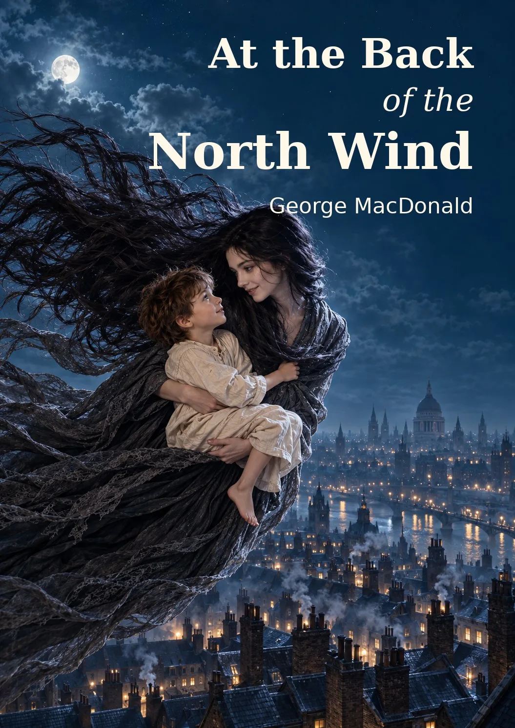At the Back of the North Wind by George MacDonald: Diamond carried by North Wind above Victorian London.