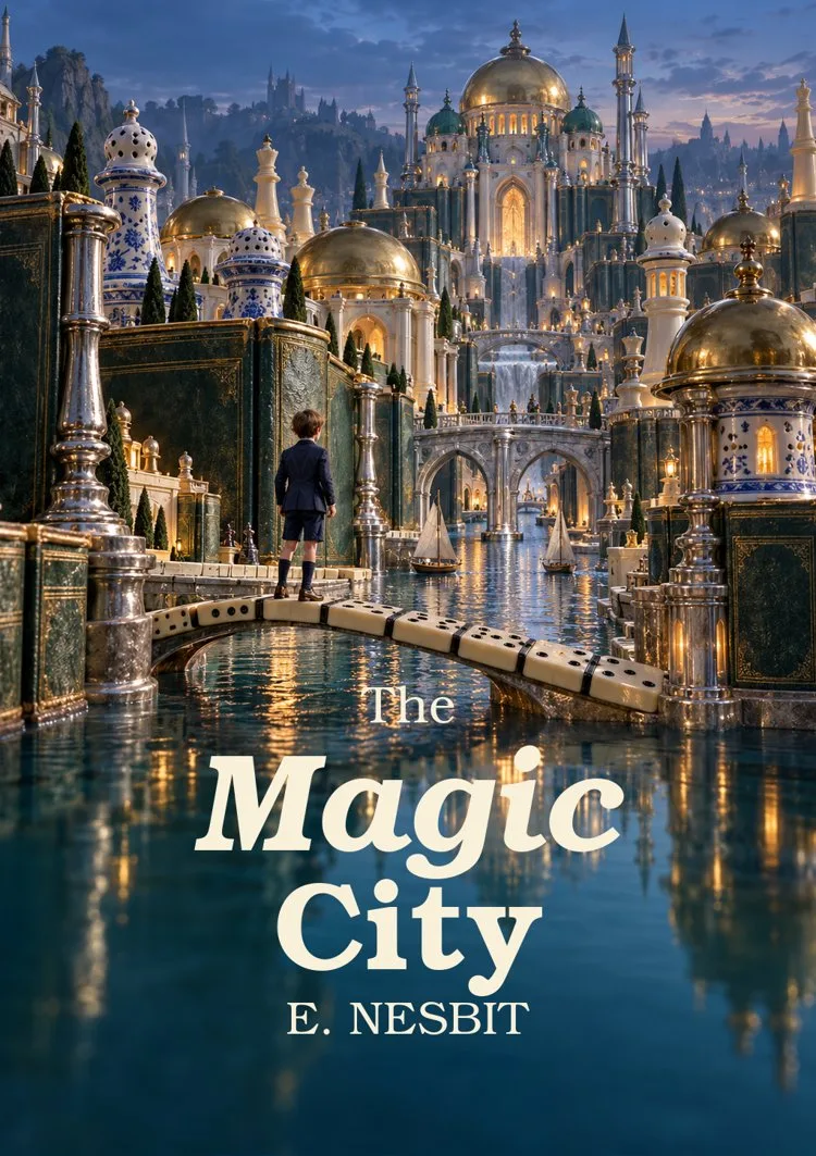 Cover of The Magic City by E. Nesbit, showing Philip on a domino bridge in a city built from books, candlesticks and porcelain.